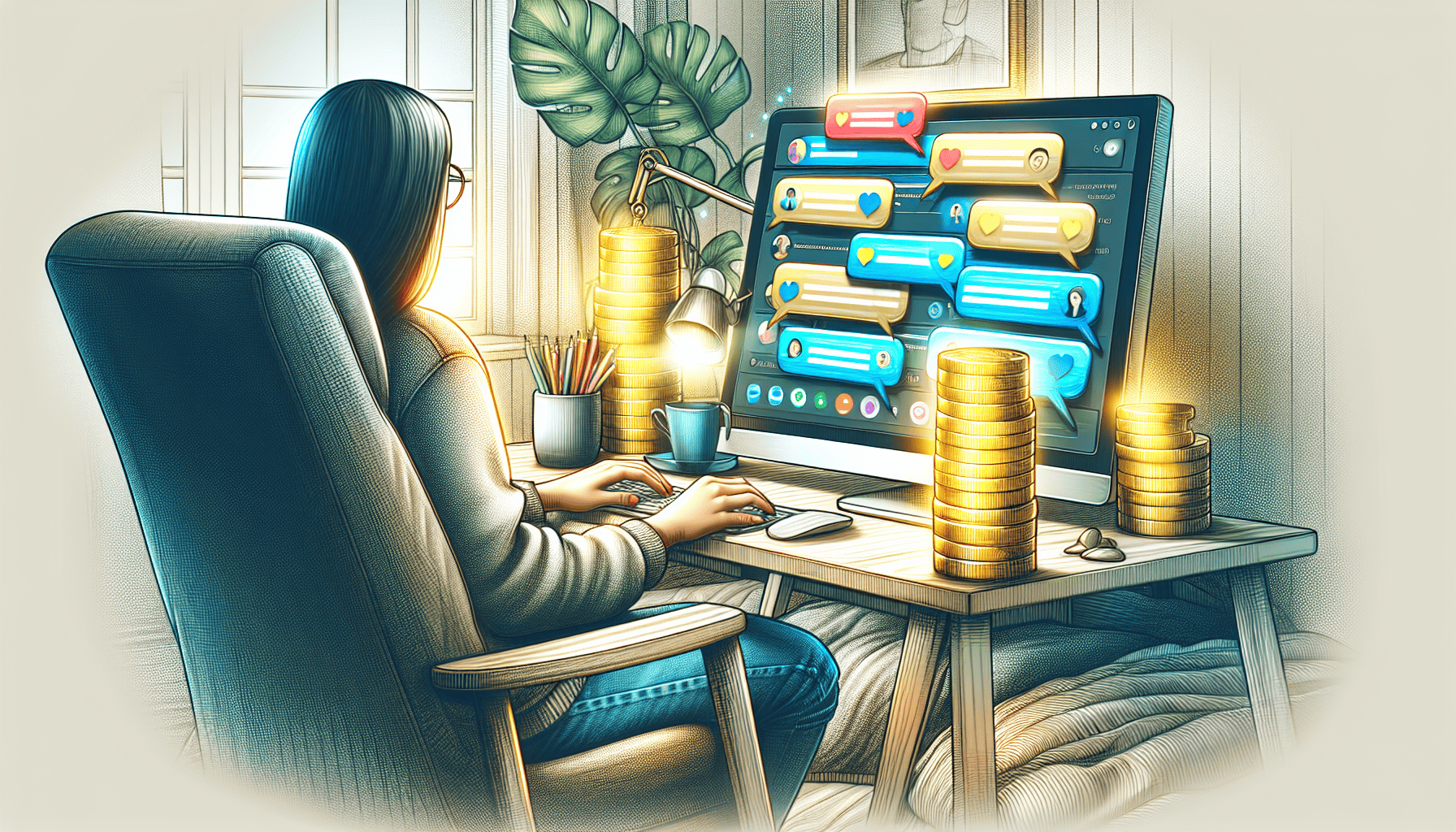 Illustration of a person earning money online through chatting