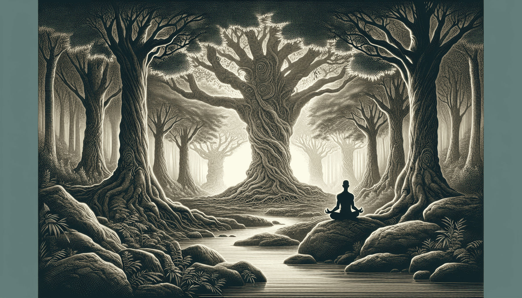 Illustration of a person meditating in a peaceful natural setting after reading an inspirational blog.