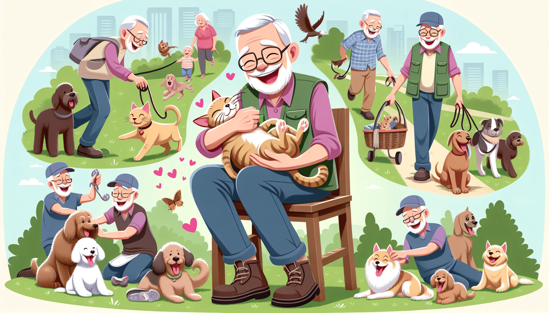 Illustration of a retiree providing pet care services