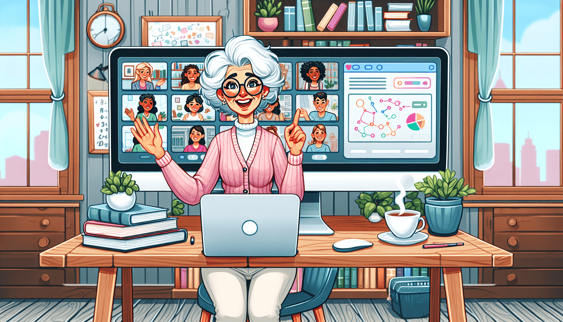 Illustration of a retiree teaching an online course