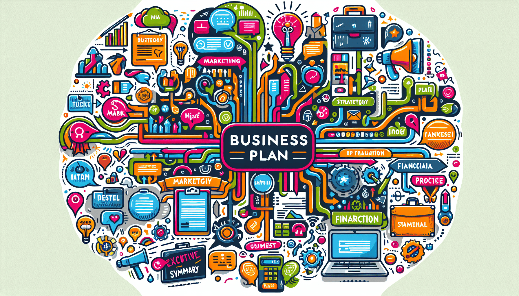 An illustration depicting the essential components of a business plan, highlighting key elements like marketing strategy and financial projections.