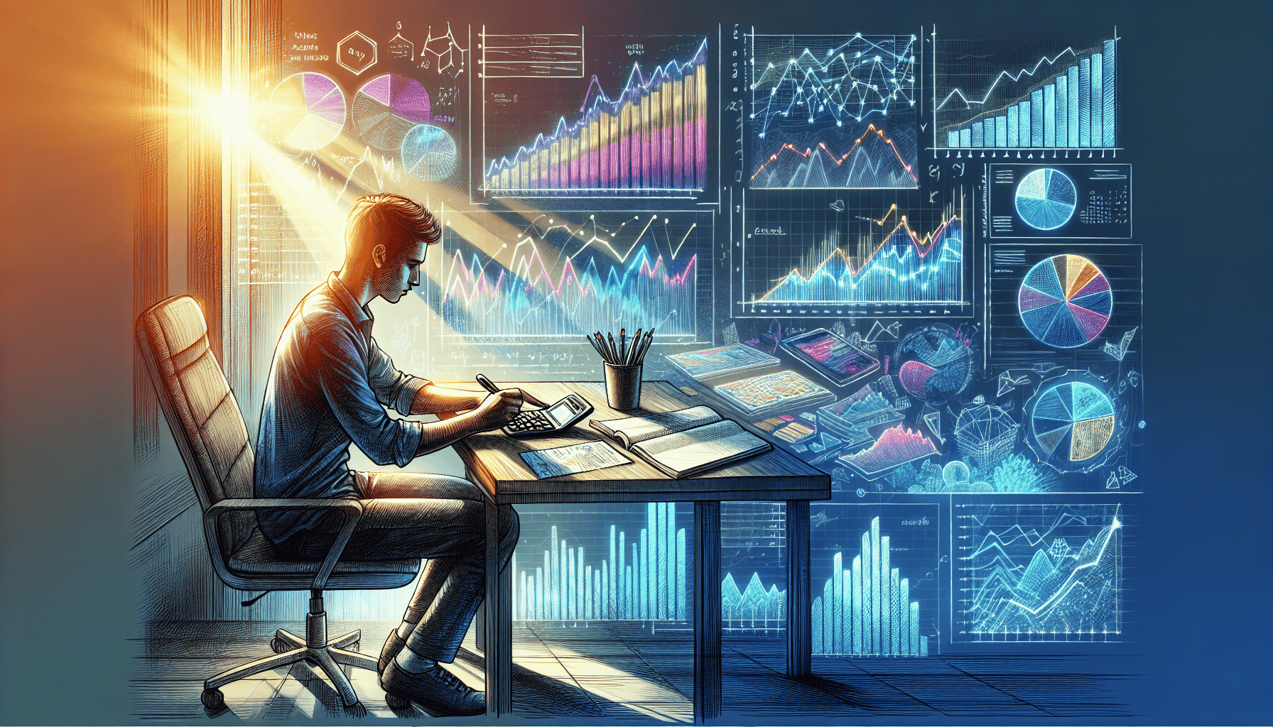 A drawing of a man studying financial retirement strategies