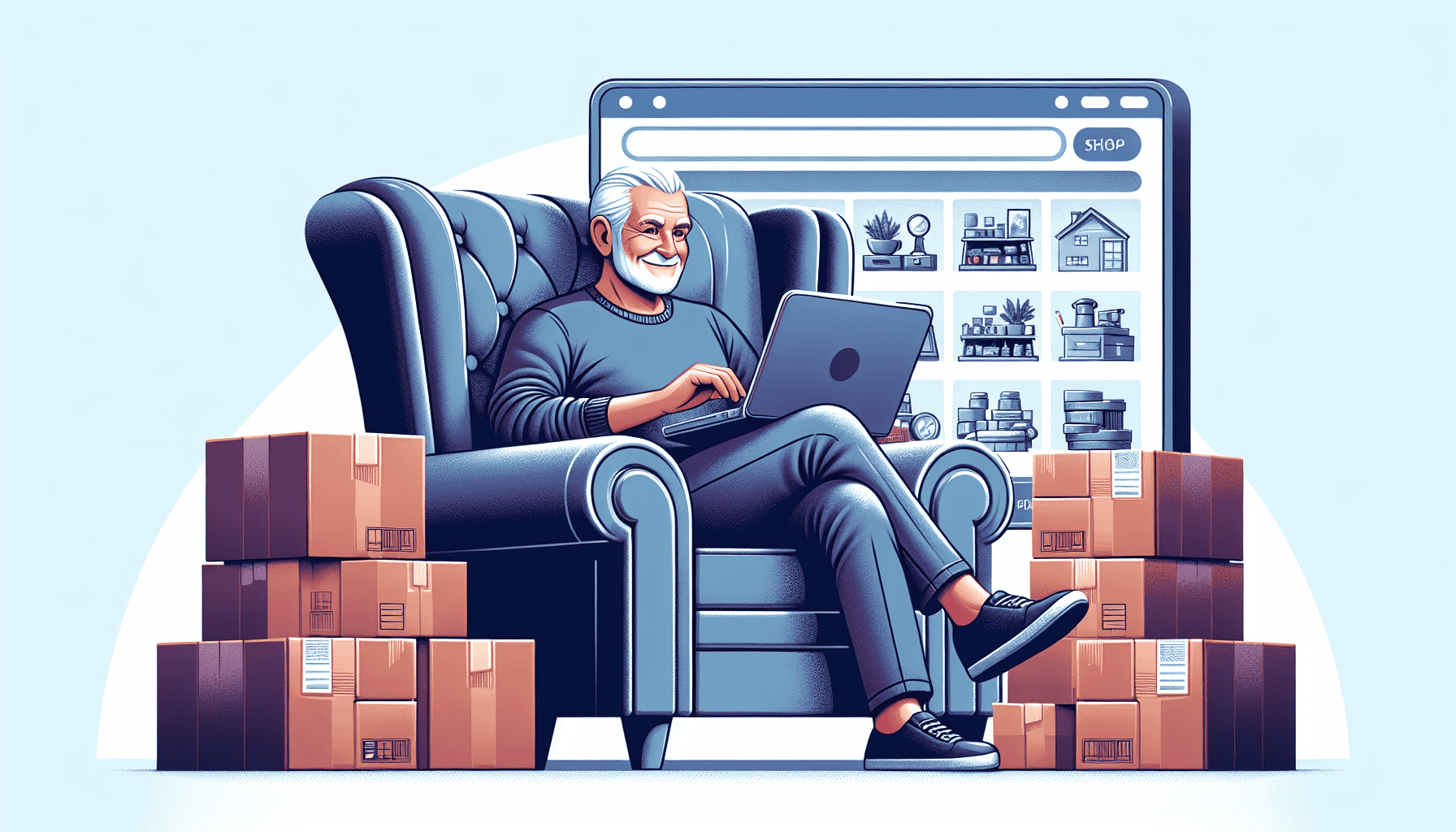 Illustration of a retiree managing an e-commerce store