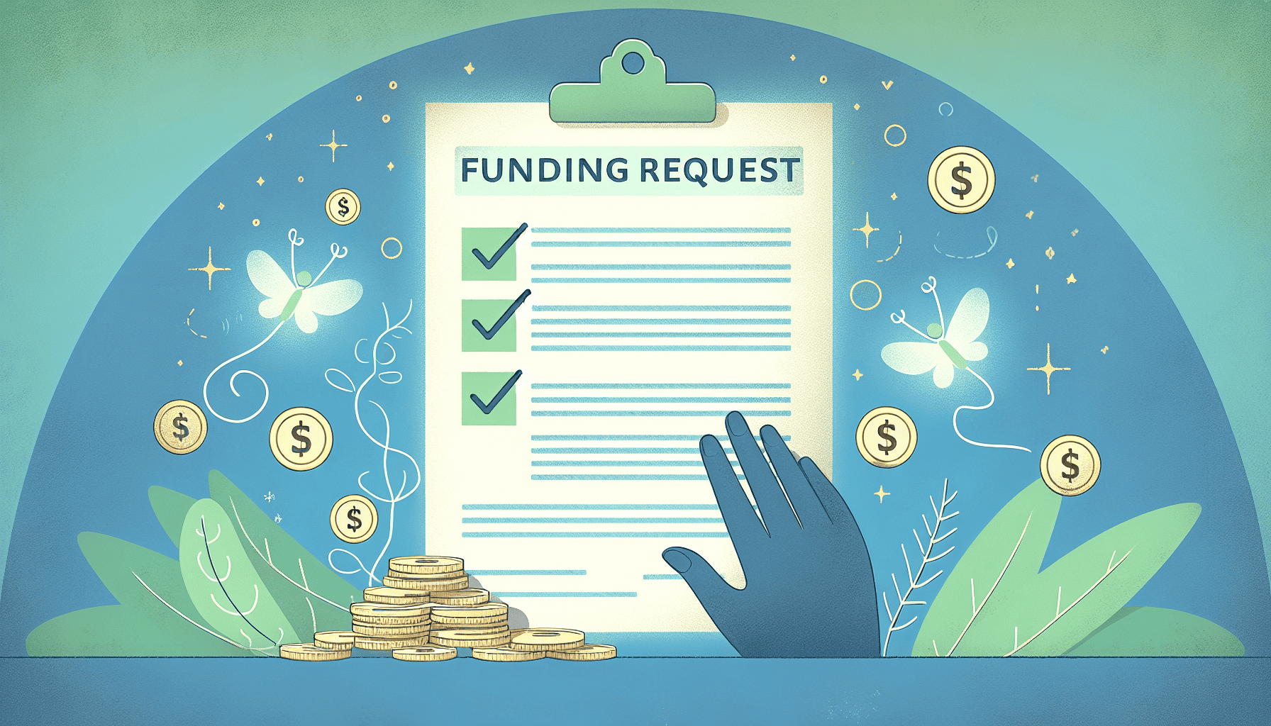 An artistic depiction of a funding request document for a business plan, with elements symbolizing financial support.