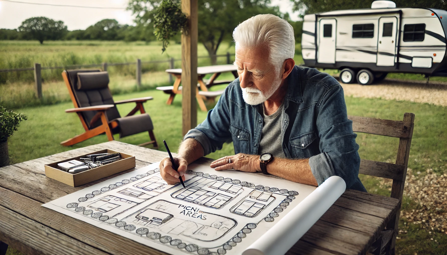 retiree sketching the site plan for his RV campground