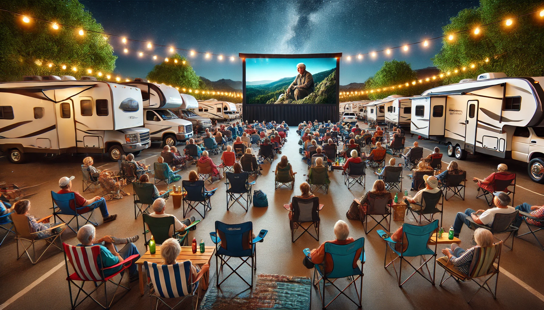 RV campground hosting an outdoor movie night