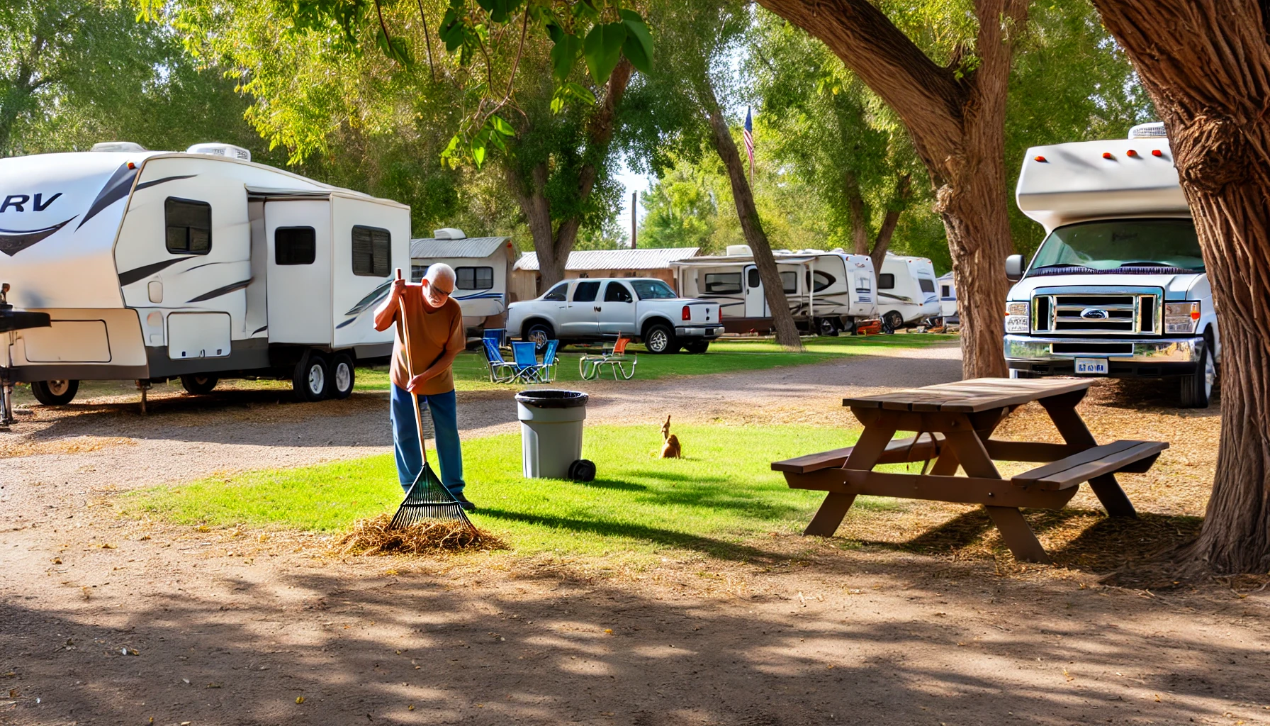 RV park owner cleaning up around the campground