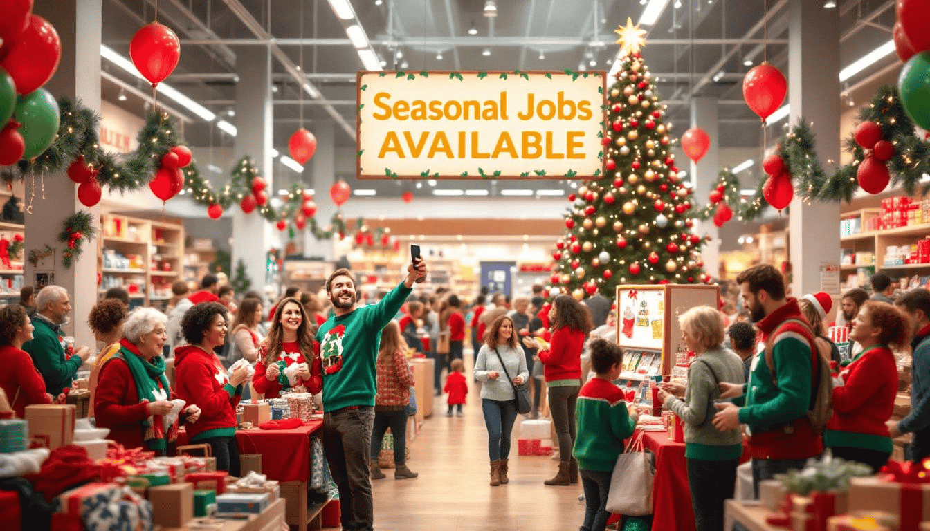 A busy department store during the holiday season, showcasing seasonal jobs available.