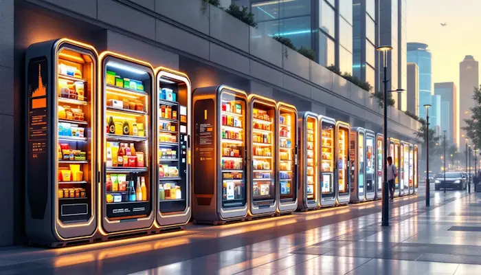 A strategic placement of vending machines in a high traffic location, illustrating successful vending machine business practices.