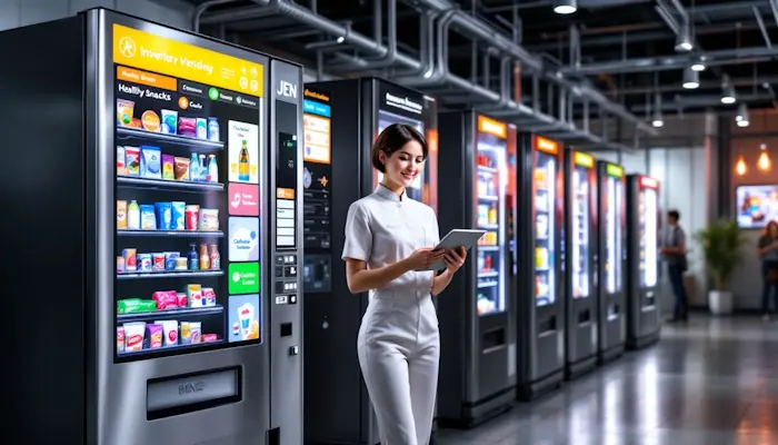 Maintenance and operations of vending machines, featuring a vending machine operator at work.