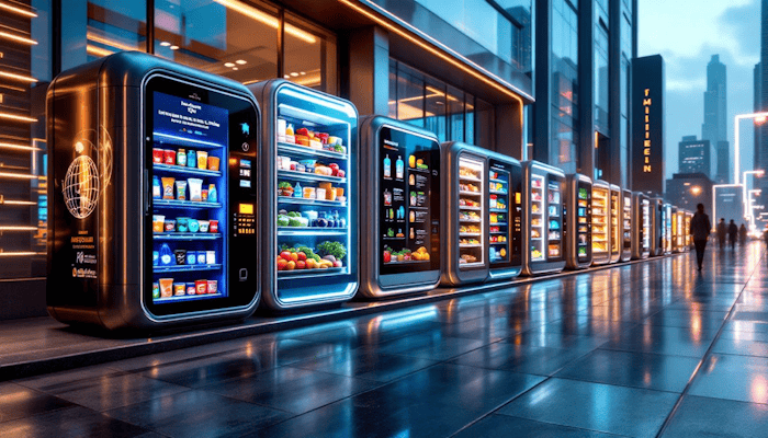 Scaling a vending machine business, showcasing multiple vending machines in a diverse setting.