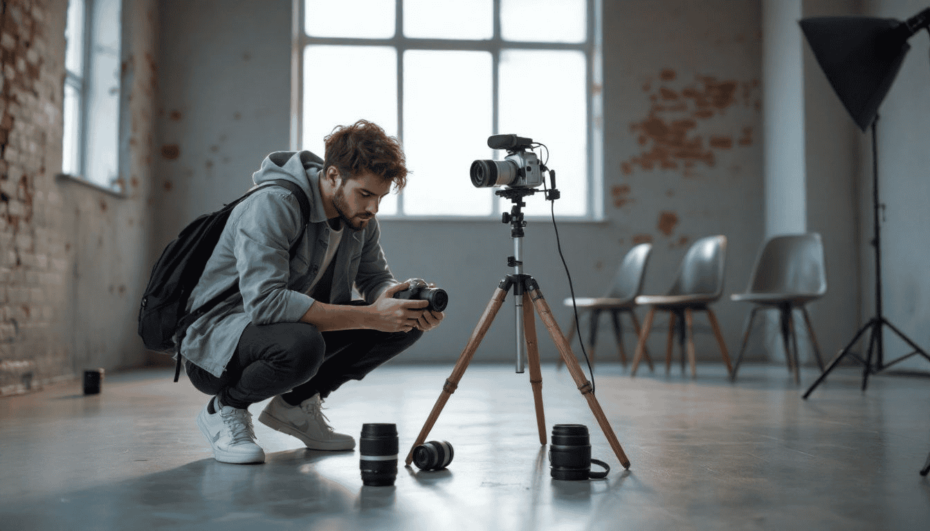 A beginner freelance photographer setting up their camera.