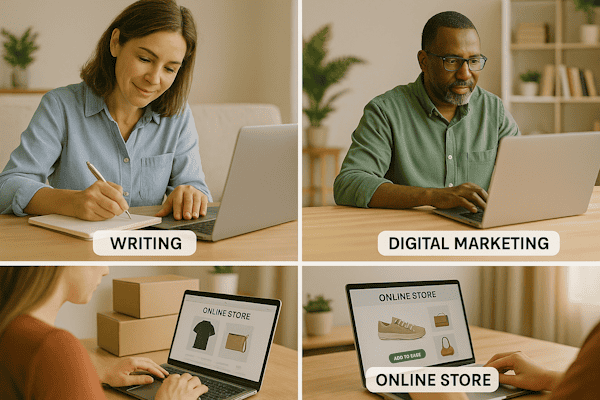 A collage-style image showing different online side hustles (writing, digital marketing, online store)