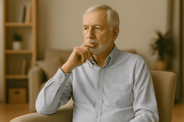 A retiree thoughtfully considering options or making a decision