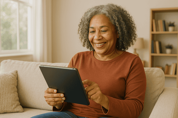 a retiree using technology (laptop, tablet) comfortably at home