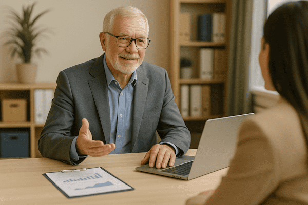 A professional-looking retiree in a consulting scenario