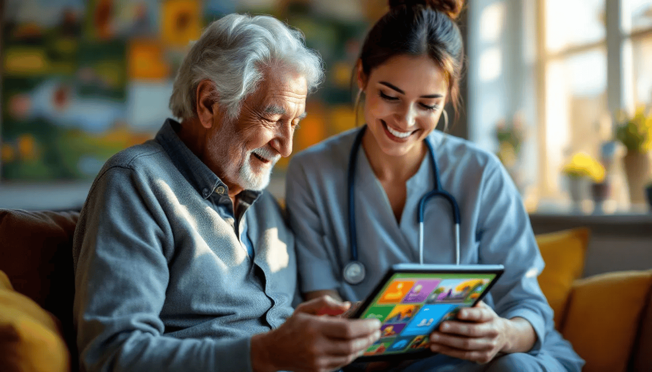 A healthcare professional assisting an older patient and doing meaningful work after retirement.