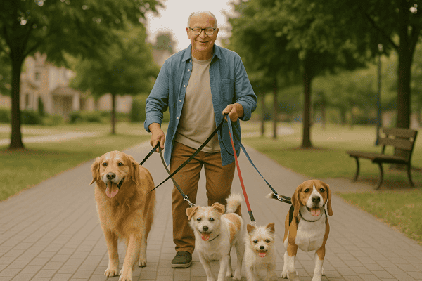 An image of a retiree walking dogs or pet sitting