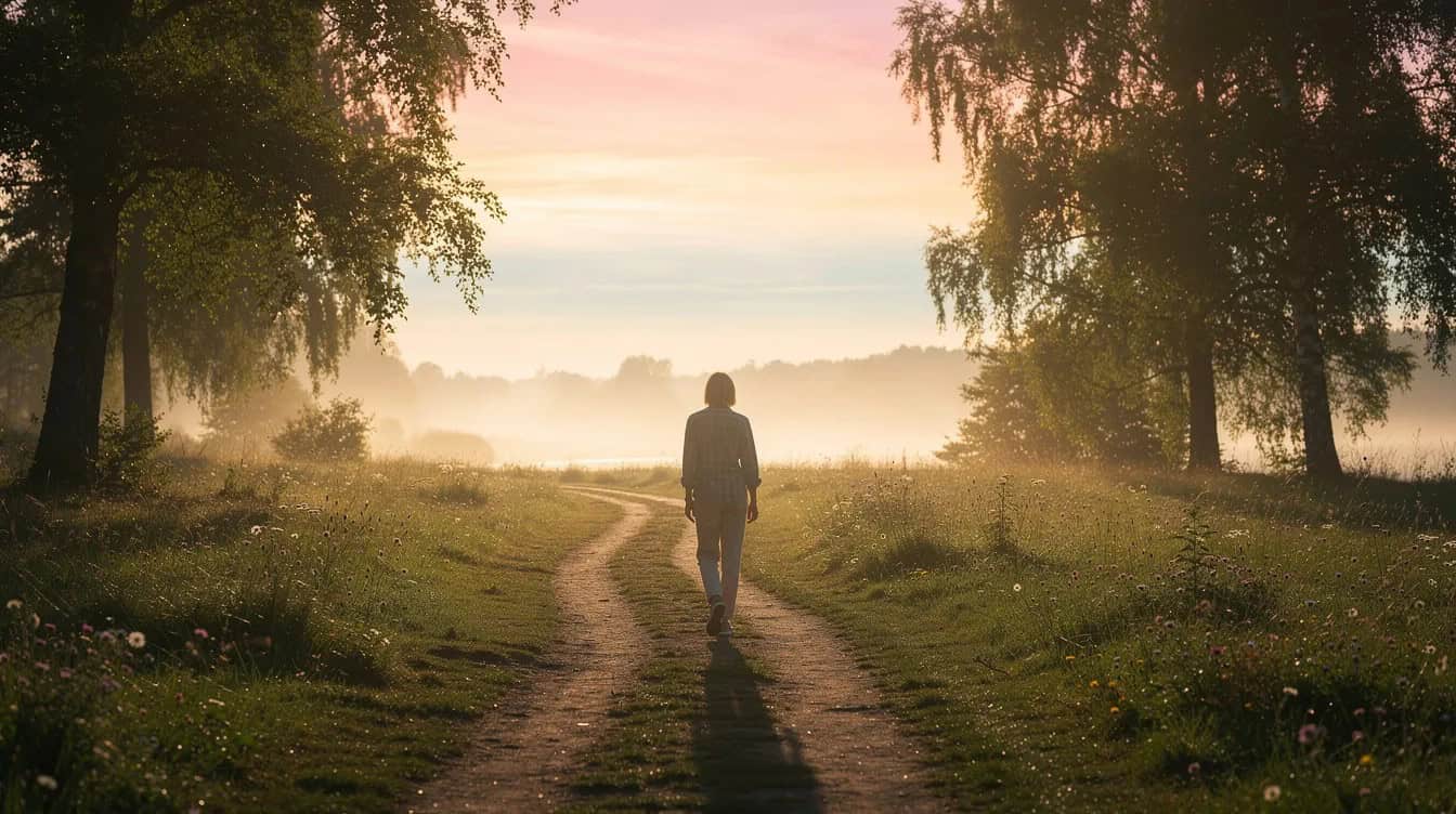A calm person walks peacefully along a quiet nature path at sunrise, embodying a positive mindset and enjoying the serene beauty of the early morning. This tranquil scene encourages positive thinking and emotional well-being, reminding us of the importance of spending time in nature for our mental and physical health.