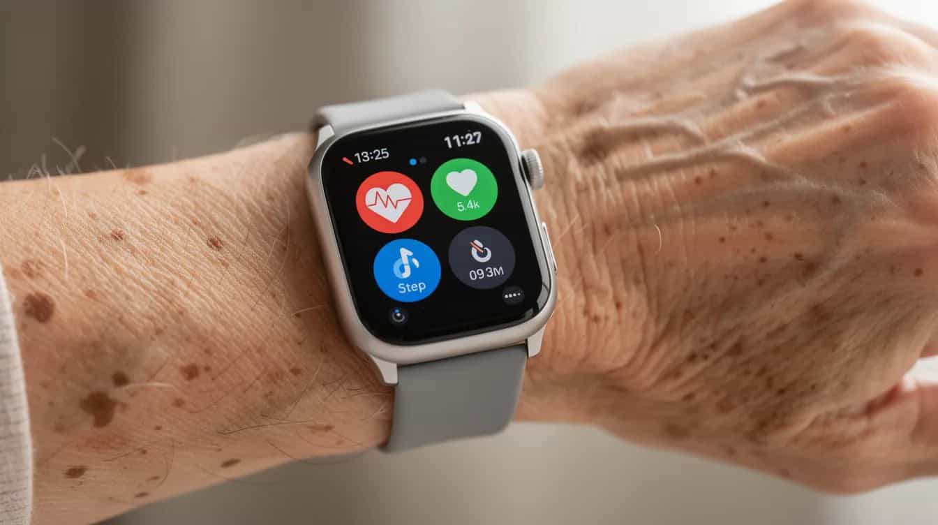 A close-up of a smartwatch displaying health monitoring features is shown on the wrist of an older adult, highlighting the integration of smart home technology in their everyday life. This device serves as a vital tool for seniors, enabling them to monitor their health and stay connected with family members through alerts and reminders.