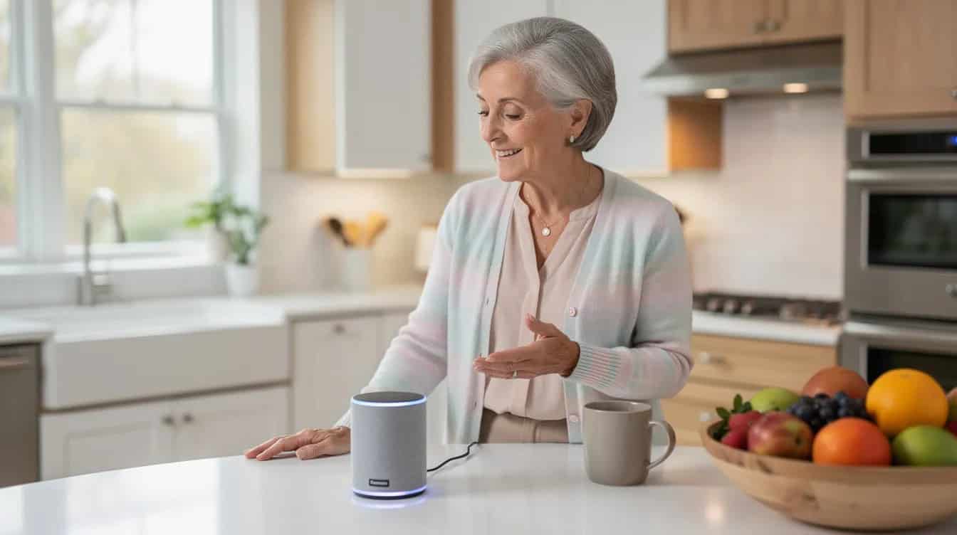 An elderly woman is interacting with a smart speaker in a bright, modern kitchen, showcasing the benefits of smart home technology for older adults. This image highlights how smart devices can assist seniors in their everyday life, promoting safety and convenience in their own homes.