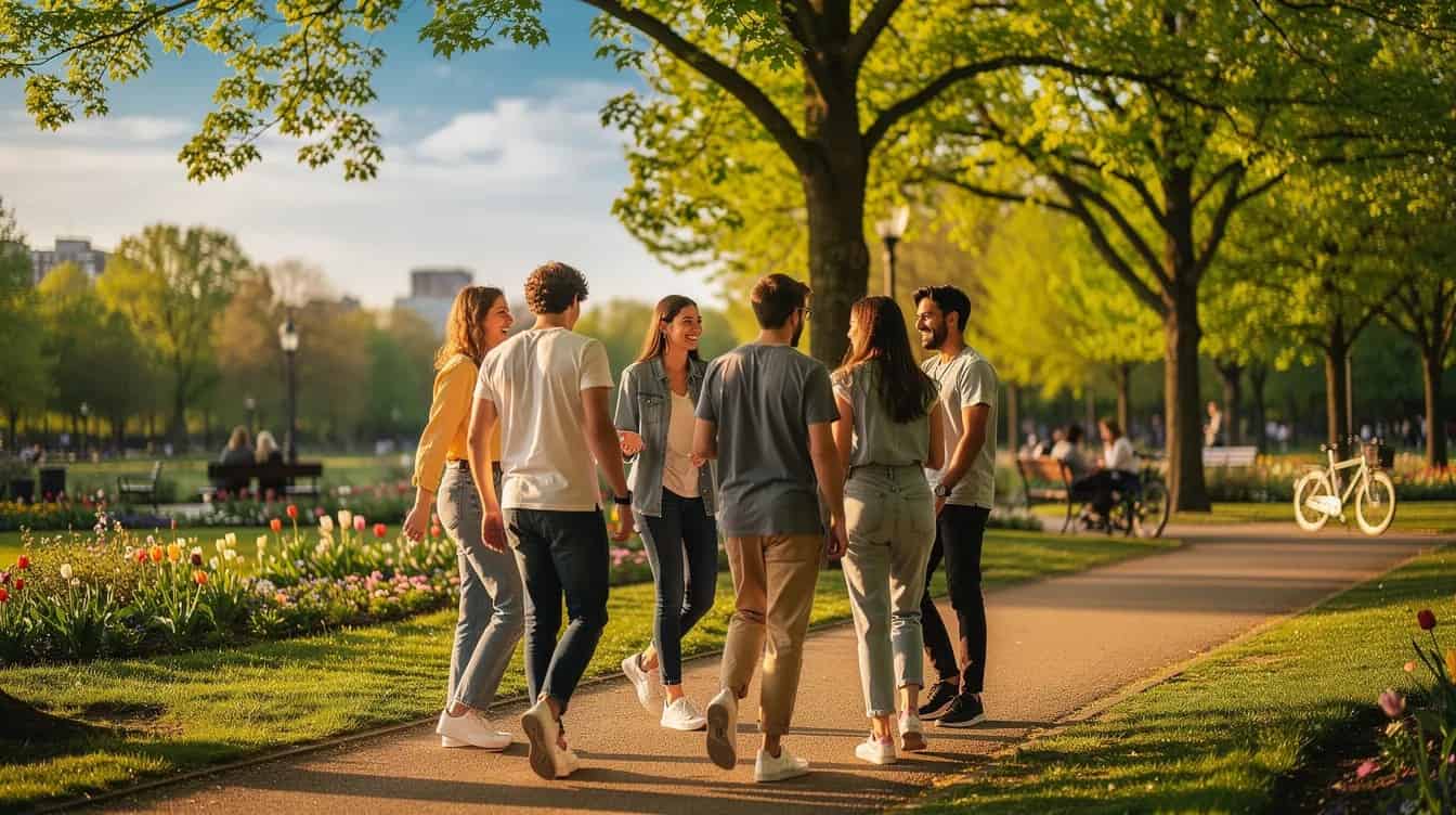 A small group of friends strolls together in a sunny park, embodying a positive mindset as they enjoy each other's company and the beauty of nature. Their laughter and cheerful conversation reflect the power of positive thinking and the importance of spending time with supportive people for overall well-being.