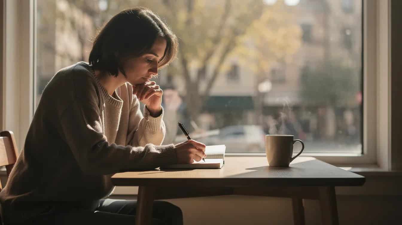 A person is sitting by a window, deeply engaged in writing in a notebook, reflecting on their thoughts. This serene scene embodies a positive mindset, encouraging self-talk and the practice of positive thinking for overall well-being.
