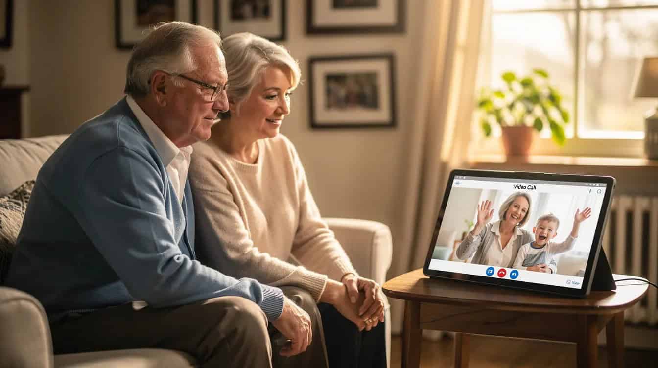 An older couple is sitting together, smiling as they engage in a video call on a smart display screen, showcasing the benefits of smart home technology for seniors. This scene highlights how smart devices can help older adults stay connected with family members, enhancing their everyday life and promoting their well-being.