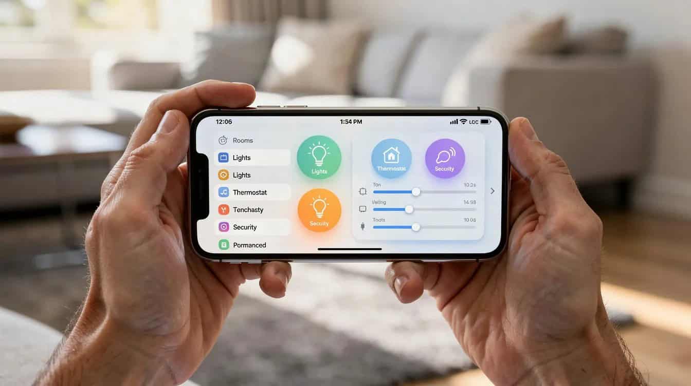 A pair of hands holds a smartphone displaying a smart home control app, showcasing various smart home devices like smart lights, smart plugs, and security cameras. This technology aids older adults in managing their homes and enhancing their safety and well-being.