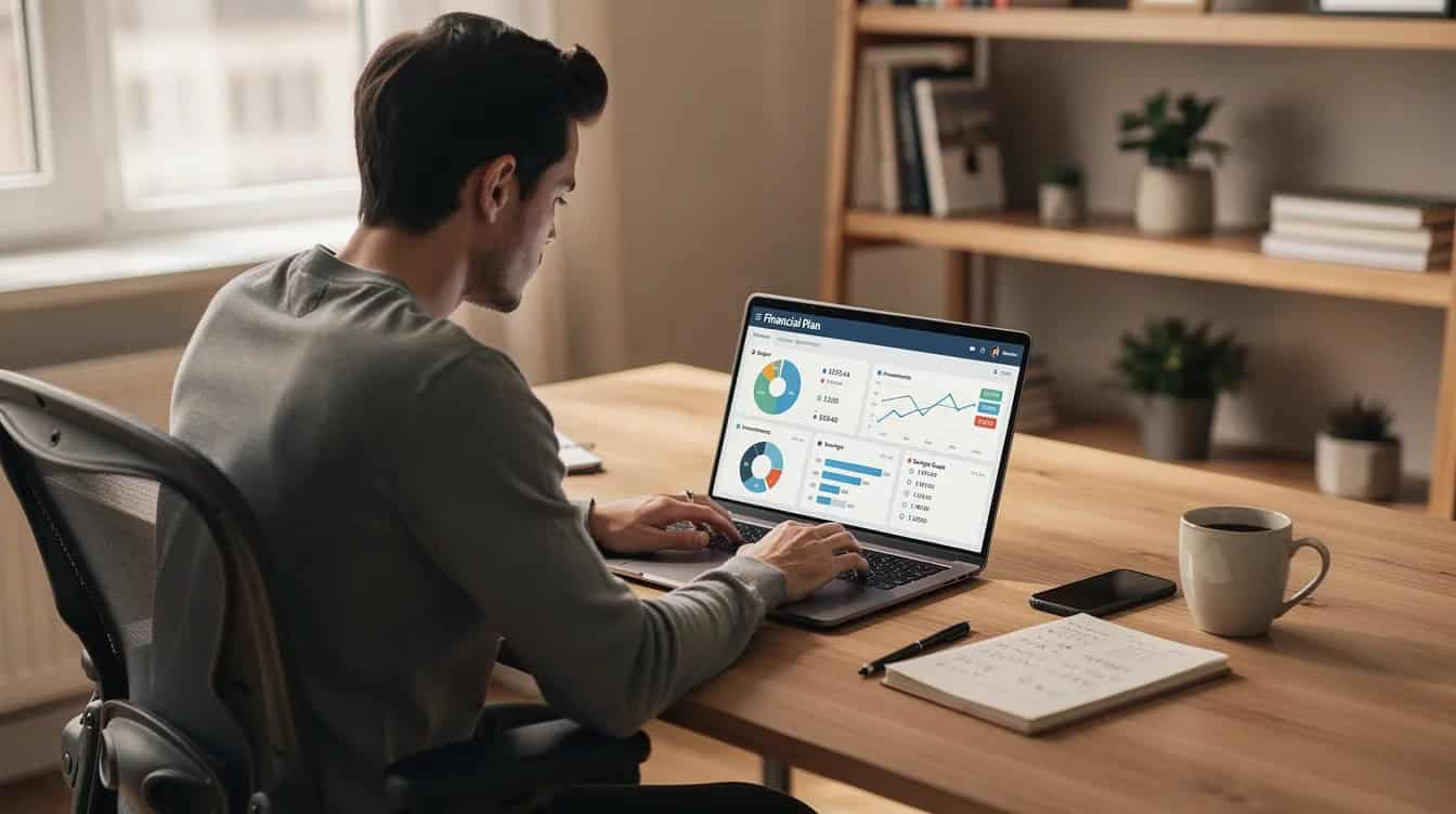 A person is seated at a desk in a home office, intently looking at a laptop displaying financial planning information related to retirement savings, including details about various types of retirement accounts like 401(k) plans and traditional IRAs. The workspace is organized, suggesting a focus on achieving long-term financial security through informed investment options.