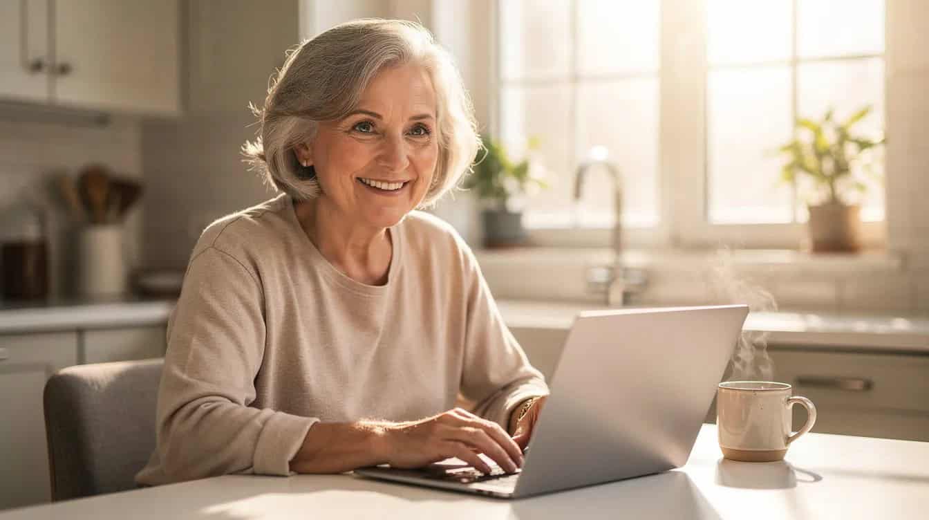 An older adult is smiling while working on a laptop at a bright kitchen table, accompanied by a coffee mug, with a sunny window in the background, illustrating how many retirees continue working to stay active and earn extra income in their retirement age.