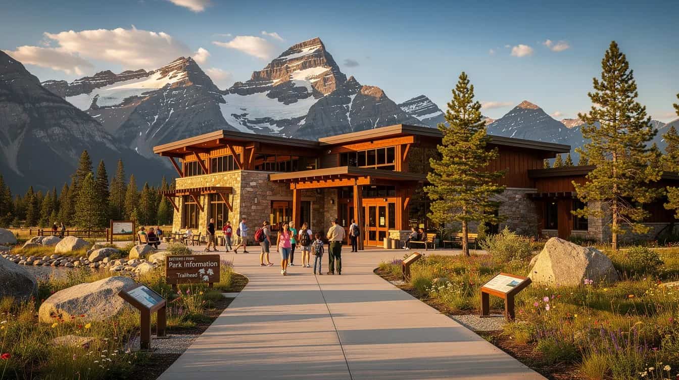 A scenic view of a national park visitor center is depicted, with majestic mountains in the background and visitors strolling along a path, enjoying the natural beauty. This image captures the essence of outdoor exploration, perfect for those seeking a second career or part-time jobs that allow them to stay active in retirement.