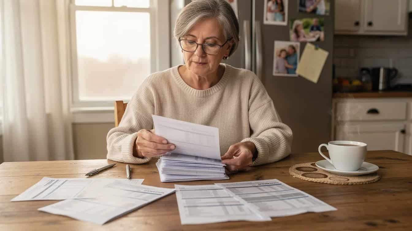 An older woman sits at a kitchen table, reviewing financial documents related to her retirement savings while enjoying a cup of coffee. The scene suggests she is considering various types of retirement accounts, such as traditional and Roth IRAs, to secure her long-term financial security.