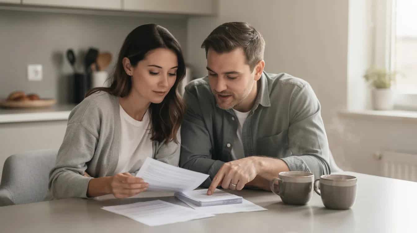 A couple sits at a kitchen table, reviewing documents related to their retirement savings while enjoying coffee from their mugs. They appear to be discussing financial strategies for achieving their desired retirement lifestyle, considering factors like anticipated income and healthcare costs.