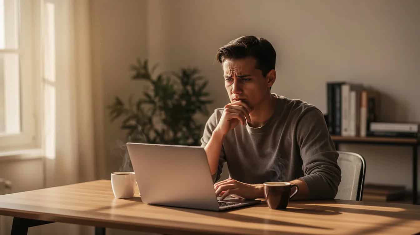 The image shows a person sitting at a desk, deep in thought while looking at a laptop, trying to decide how much cash do I need to retire?