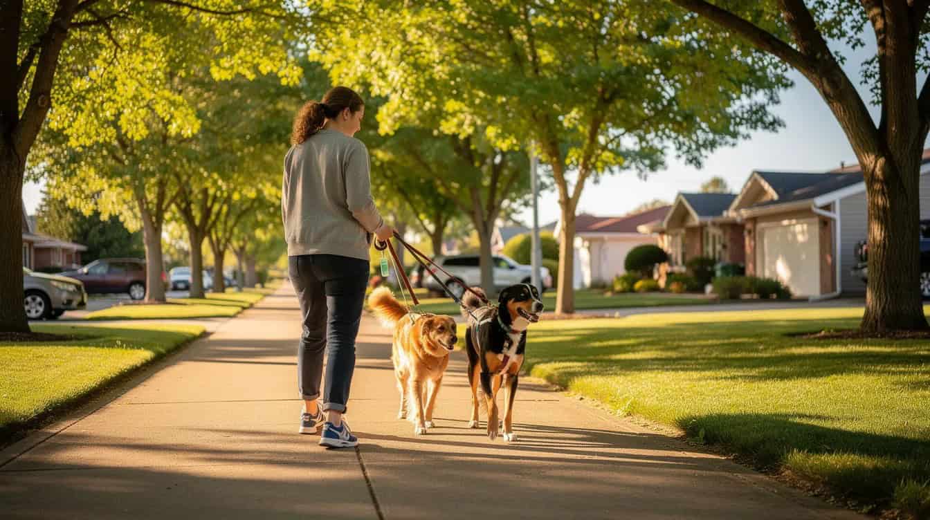 A person is walking three dogs along a sunny, tree-lined path in a suburban neighborhood, enjoying the fresh air and staying active. This scene highlights the joy of pet sitting, which can be a great option for retirees looking for part-time jobs or a second career that allows for a flexible schedule.