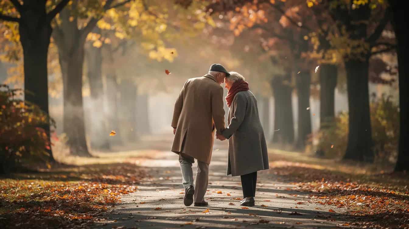 An older couple strolls hand in hand along a picturesque tree-lined path, surrounded by vibrant autumn foliage. This serene scene captures the essence of enjoying a desired retirement lifestyle, emphasizing the importance of planning for retirement income and savings goals.