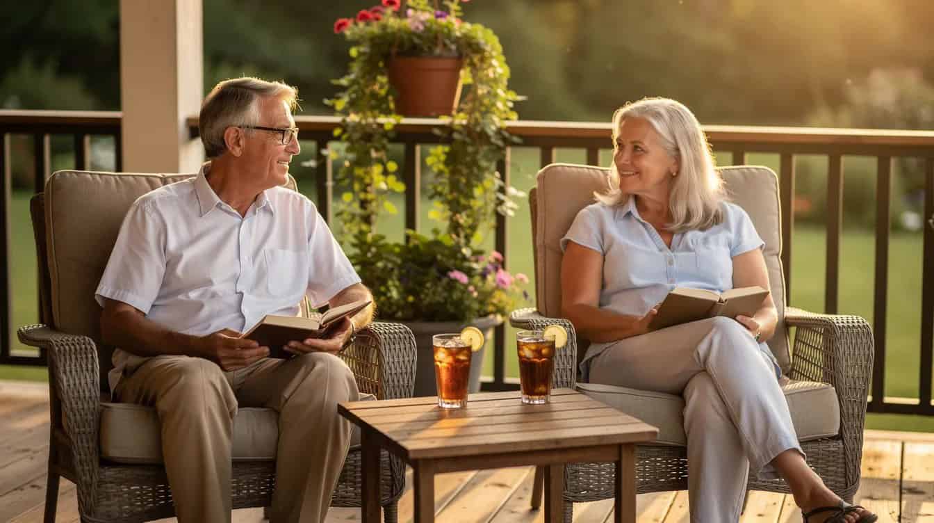 A retired couple sits comfortably on their porch, enjoying iced tea and reading books, embodying a relaxed and content lifestyle. This serene scene highlights the joys of retirement, where many retirees can pursue leisure activities and enjoy their time together.