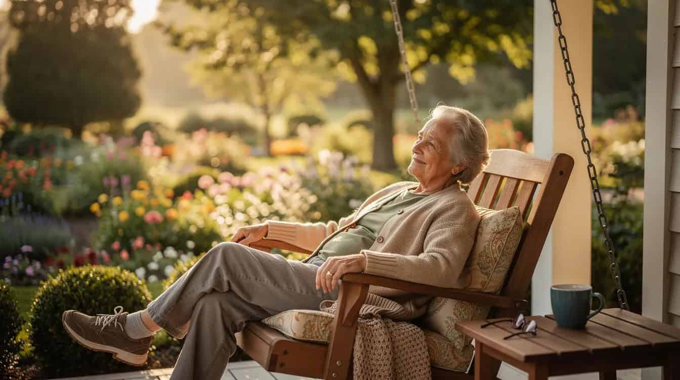An older person is peacefully relaxing on a porch and wondering how much cash do I need to retire?