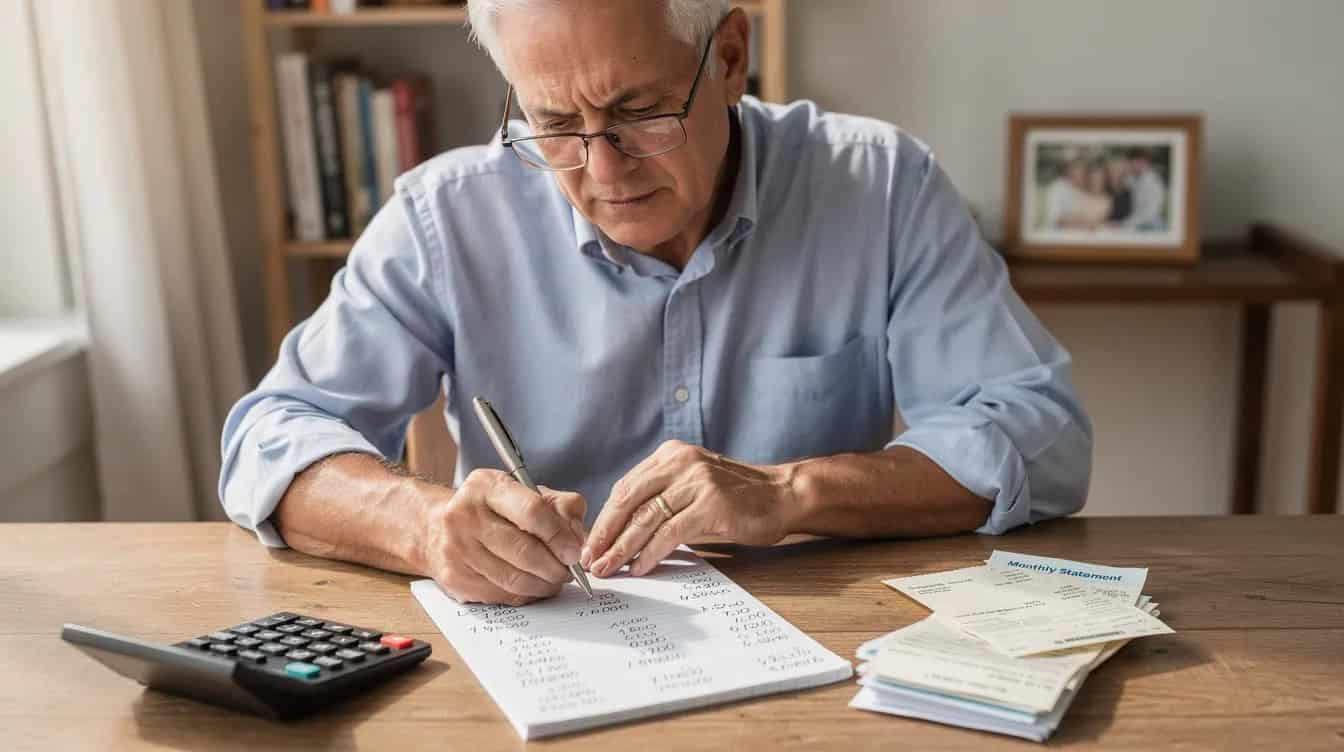 An older man is sitting at a table, focused on financial planning with a calculator and notepad, as he strategizes about his retirement savings and various types of retirement accounts. He appears to be calculating contributions to his individual retirement accounts and considering the tax advantages of different investment options.