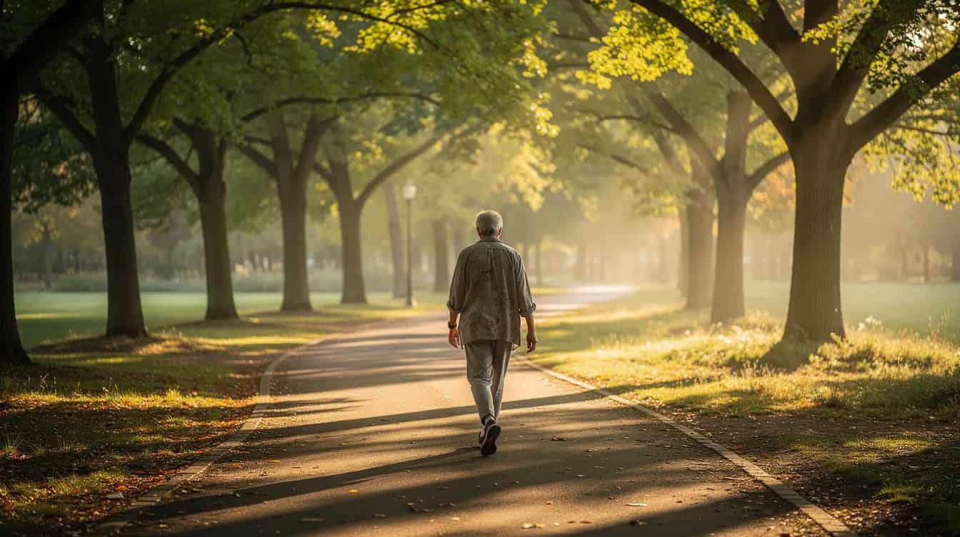 An older adult is enjoying a morning walk along a tree-lined path, bathed in soft sunlight, as part of their meaningful daily routine in retirement. This peaceful scene reflects the joy of staying active and embracing the freedom of retired life.
