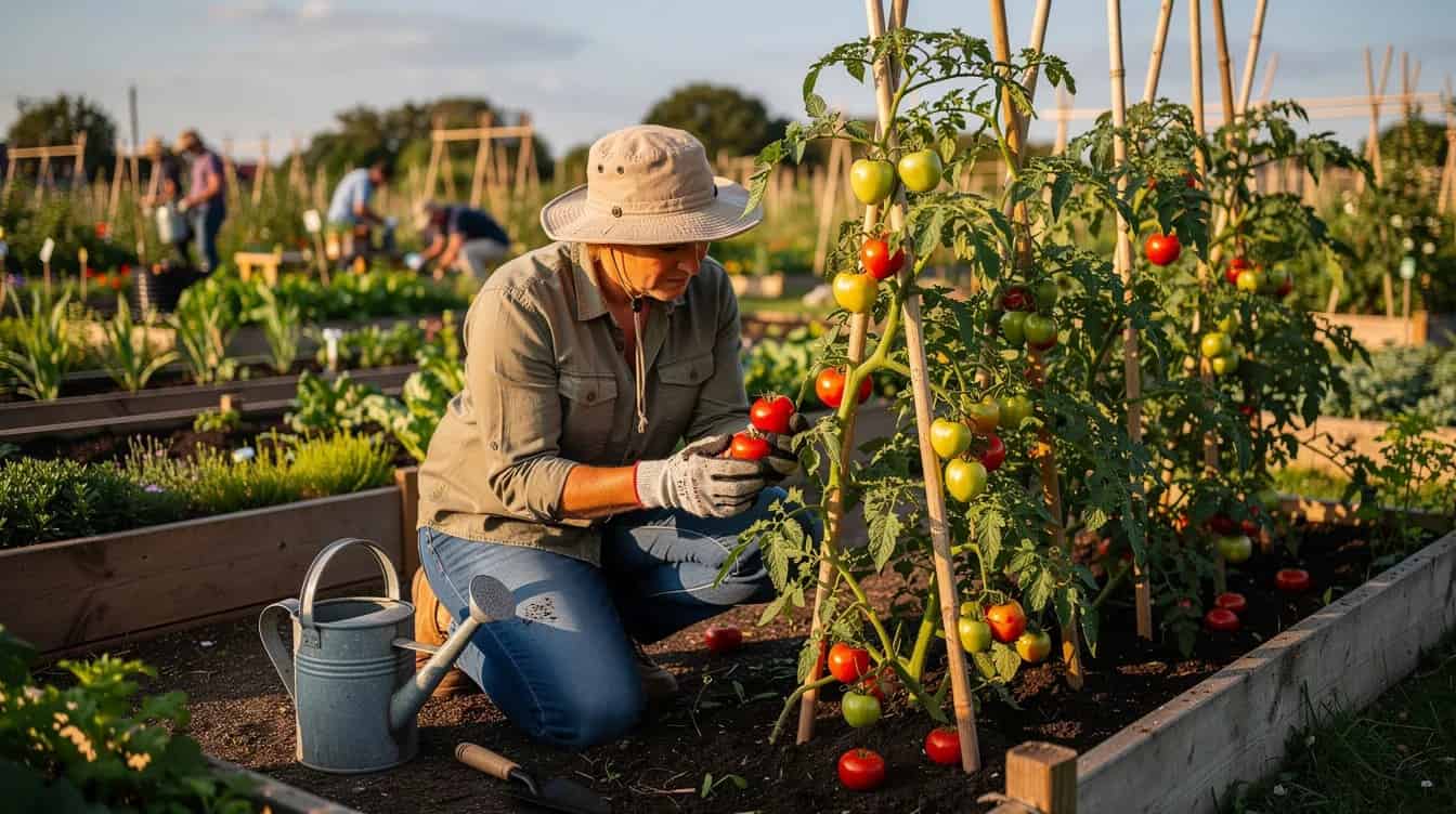A person is tending to vibrant tomato plants in a sunny community garden, surrounded by lush greenery, showcasing the joy and physical activity that many retirees embrace in their retirement life. This scene highlights the rewarding hobby of gardening, which promotes overall well-being and social connections among older adults.