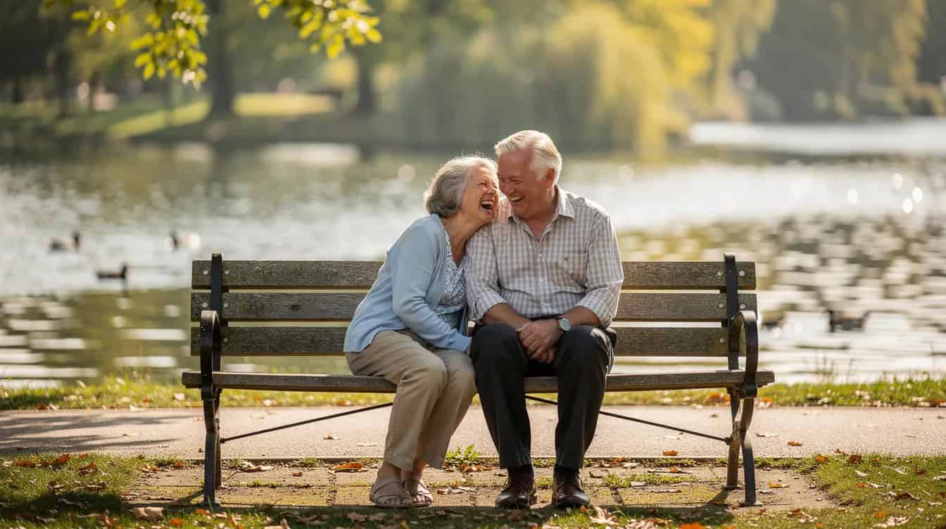 Two older adults are joyfully laughing together on a park bench, with a serene lake in the background, embodying the essence of a meaningful daily routine in their retirement life. This moment highlights the importance of social connection and staying active in the retirement community.