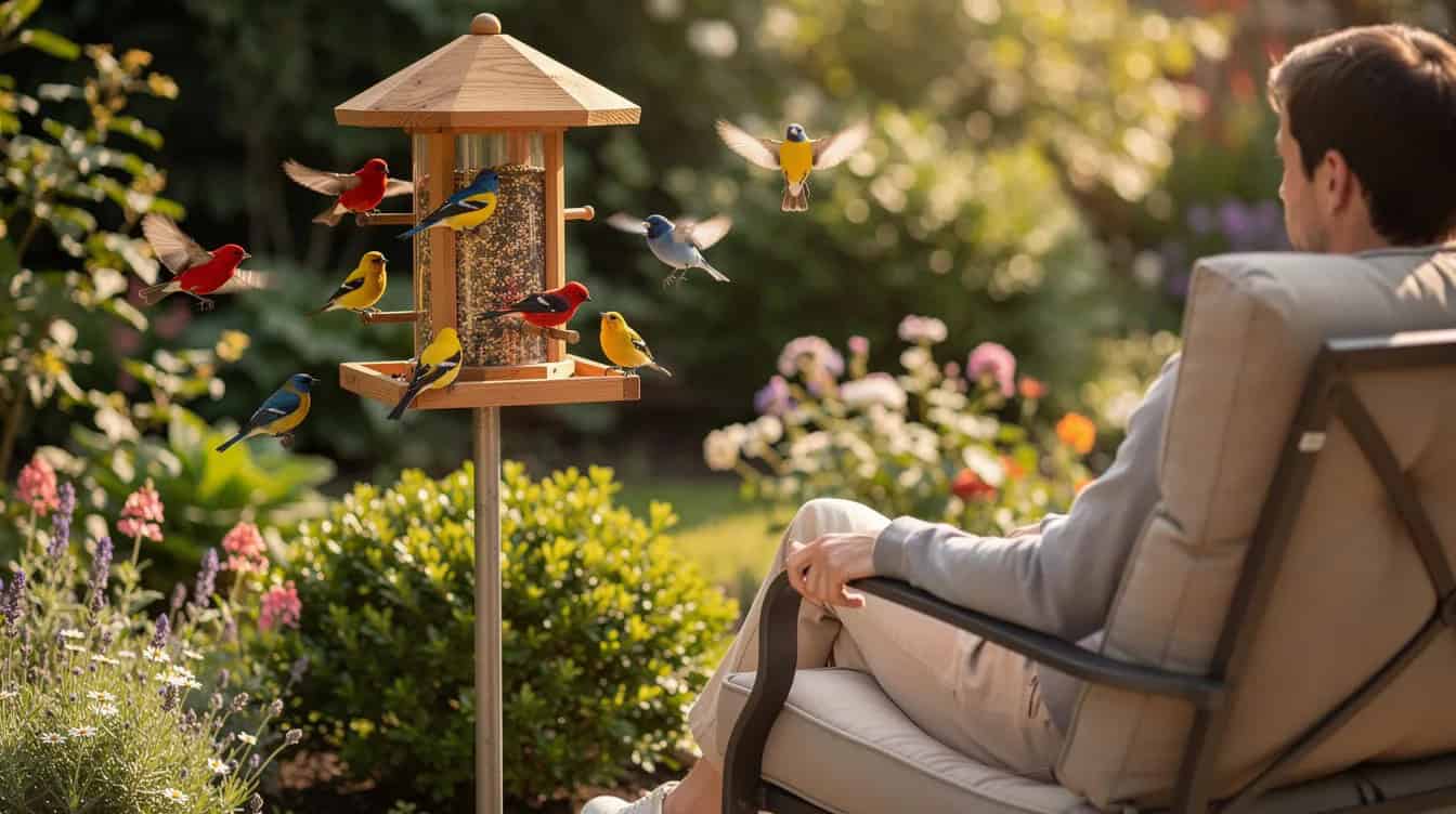 A cozy home garden features a bird feeder surrounded by a diverse array of colorful birds, while an older adult enjoys the scene from a nearby chair, engaging in a rewarding hobby that promotes mental and physical health. This peaceful moment highlights the joy of bird watching, a fulfilling activity that supports overall well-being in retirement life.