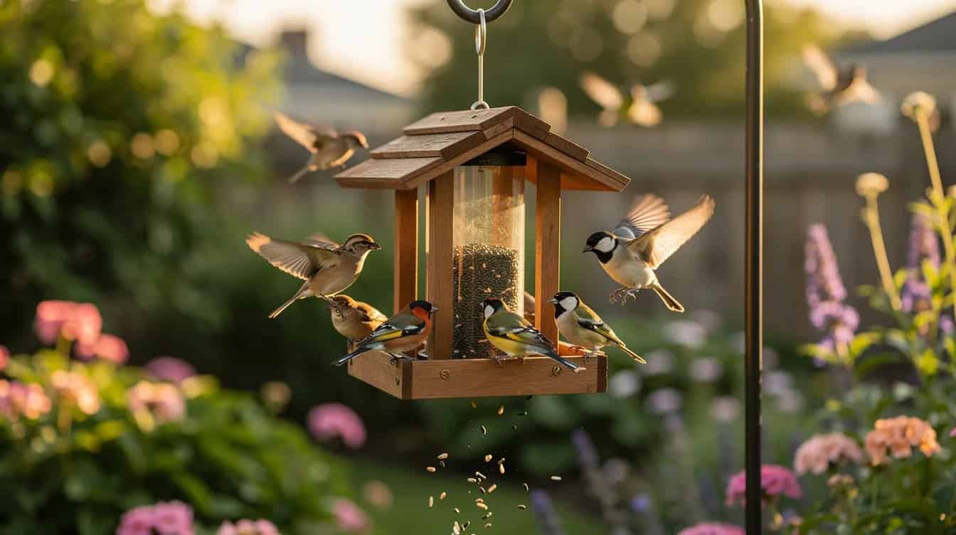 A bird feeder hangs in a vibrant backyard garden, attracting small birds that perch on its edges, creating a serene scene perfect for retirees looking to enjoy their free time and connect with nature. This simple pleasure can be a rewarding hobby, contributing to overall well-being during retirement years.
