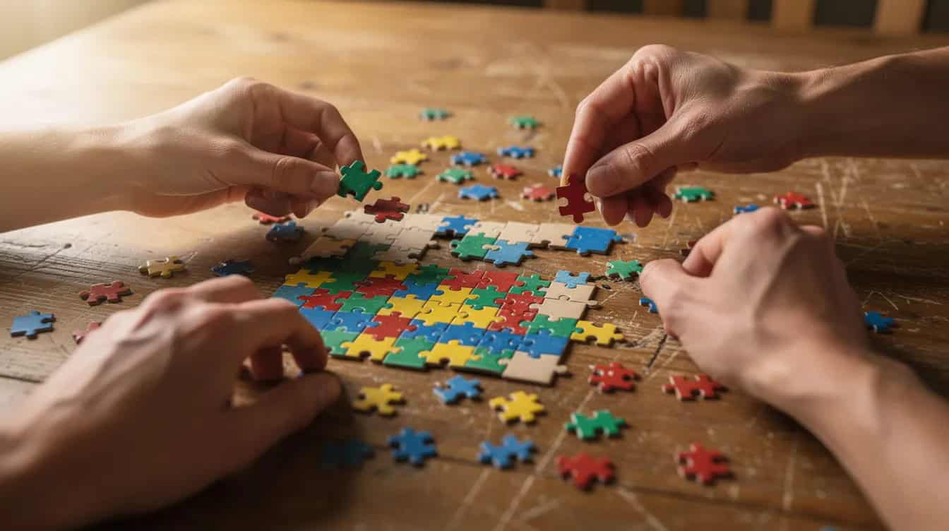 The image shows hands assembling a colorful jigsaw puzzle on a wooden dining table, symbolizing the rewarding hobbies that many retirees engage in to stay active and mentally stimulated during their retirement years. This activity encourages social connections and can be a part of a fulfilling retirement lifestyle.