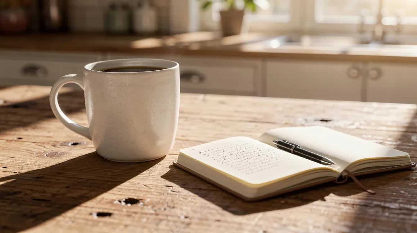 A sunlit kitchen table features a ceramic coffee mug beside a small open journal, suggesting a peaceful moment in a retirement daily routine. This scene captures the essence of leisurely mornings, perfect for enjoying morning coffee and reflecting on new interests or plans for the day.