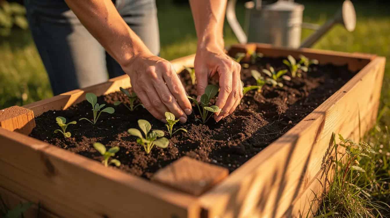 A pair of hands gently planting seedlings in a small raised garden bed, surrounded by rich soil, on a sunny afternoon. This scene captures a moment of joy and engagement in gardening, reflecting a meaningful daily routine often embraced by older adults in their retirement years.