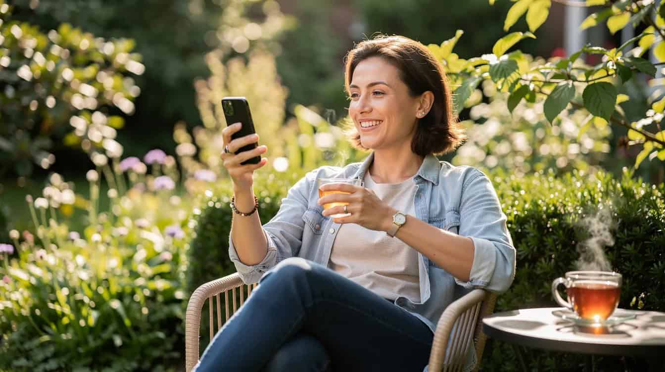 A person is sitting in a lush garden, smiling while holding a phone in one hand and a cup of tea in the other. This serene scene captures a moment of relaxation, ideal for anyone looking to publish their book through platforms like Kindle Direct Publishing or reach readers across multiple formats.
