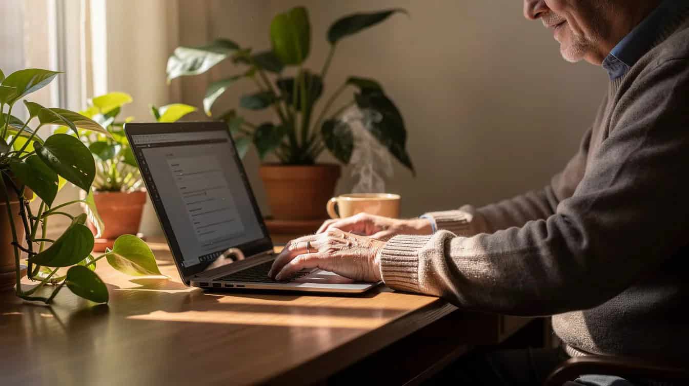 An older person is sitting at a desk, typing on a laptop while enjoying a cup of coffee, surrounded by houseplants in warm natural lighting. This cozy scene reflects the creative process of self-publishing, where one can publish their book and reach millions of readers through platforms like Kindle Direct Publishing.